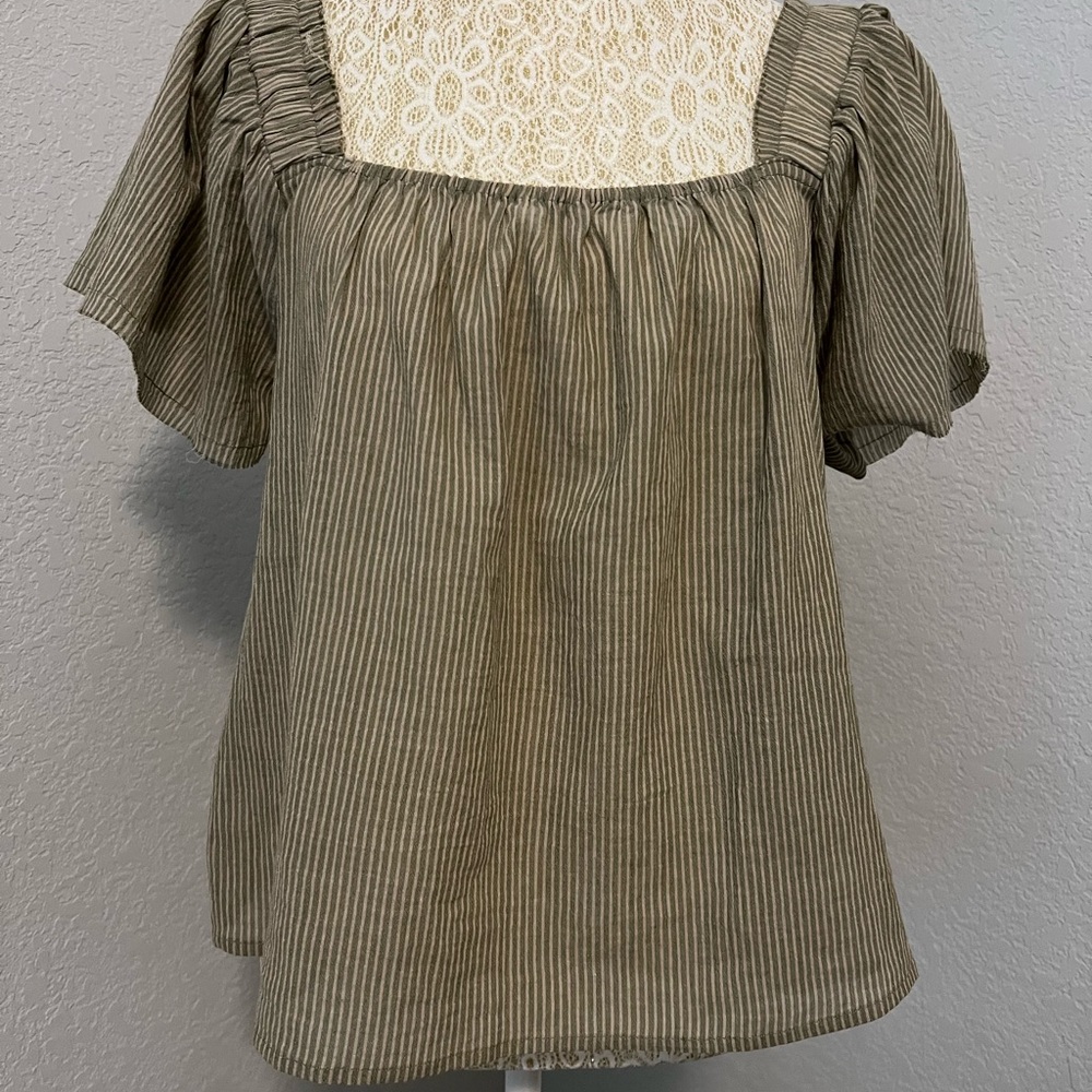 Olive and beige striped flowy blouse from grade and gather, Los Angeles. Size M